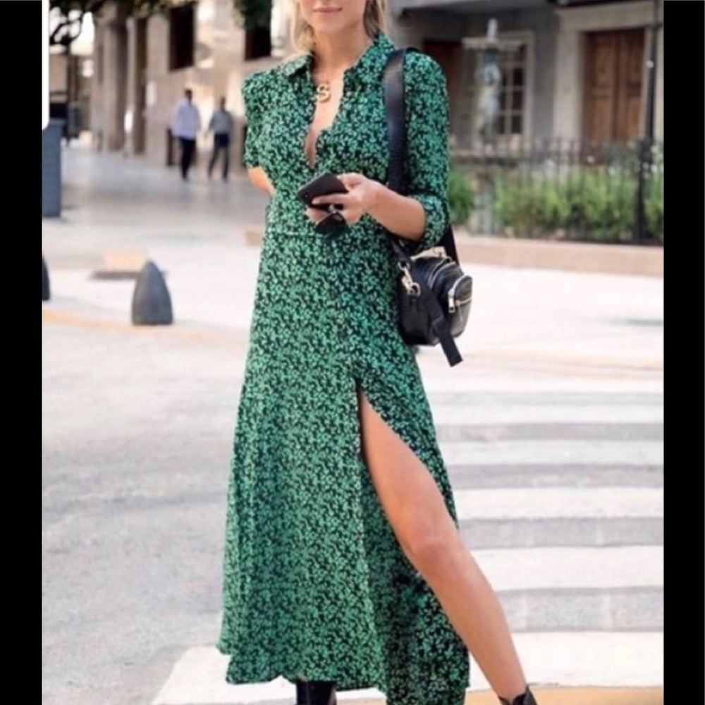 ZARA Green + Black Leaf Print Shirt Dress - Size L